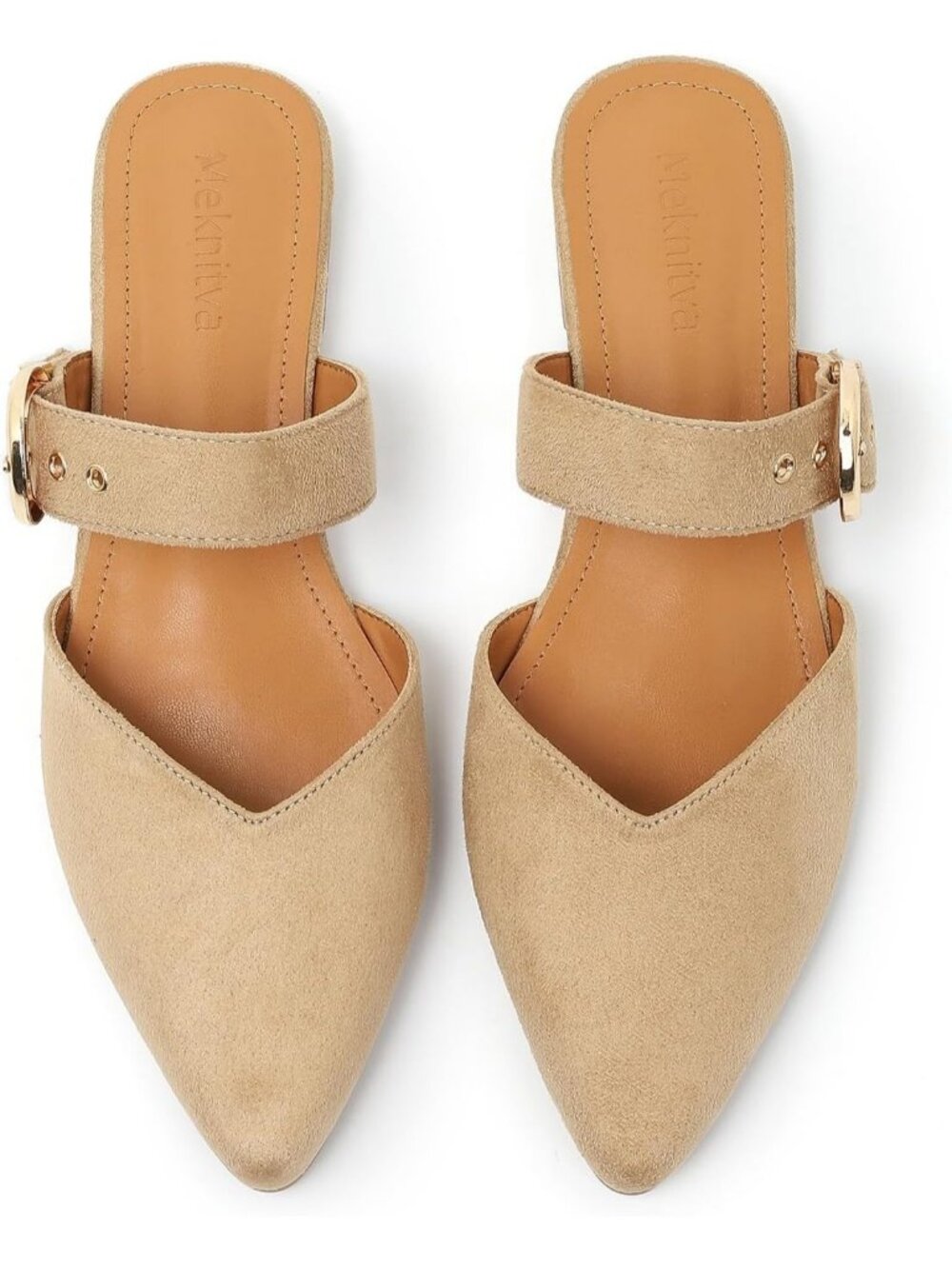 Women's Beige Pointed Toe Mules Adjustable Strap Synthetic Suede Slip On Shoes